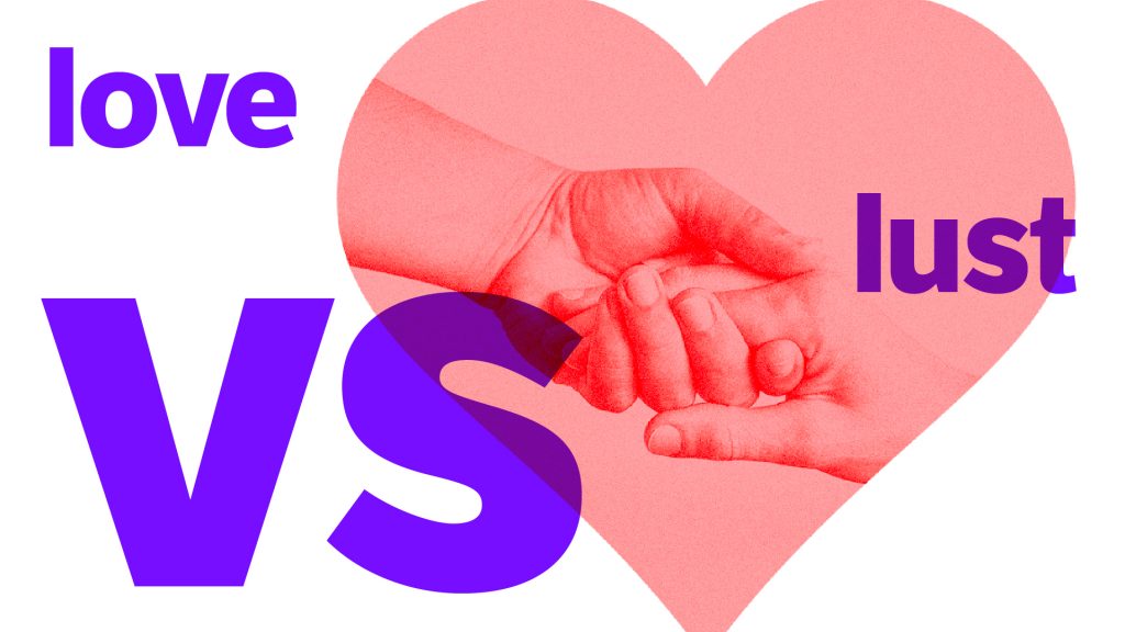 purple text love vs lust with heart background
