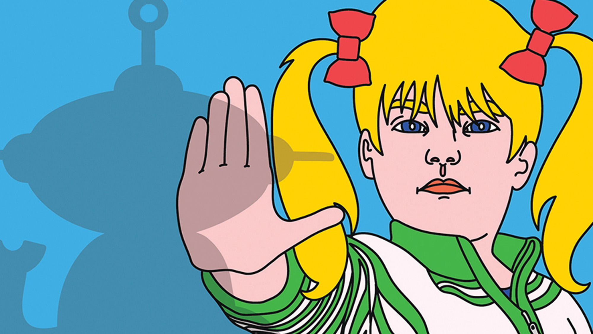 young girl with pigtails holding her hand up to a shadow of a robot